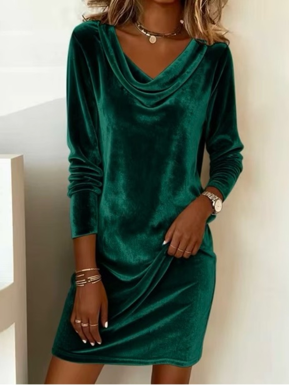 NWT F21 Velvet Drape Neck Long Sleeve Dress — Emerald Green